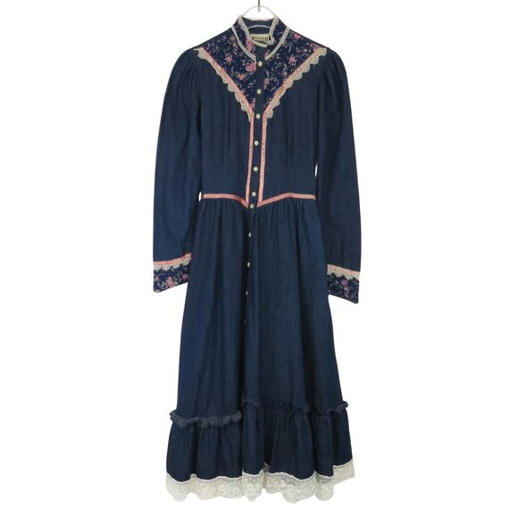 1970s Gunne Sax Vintage Blue Denim Calico Floral Trim Maxi Dress Prairie Dress 3 - Picture 1 of 12